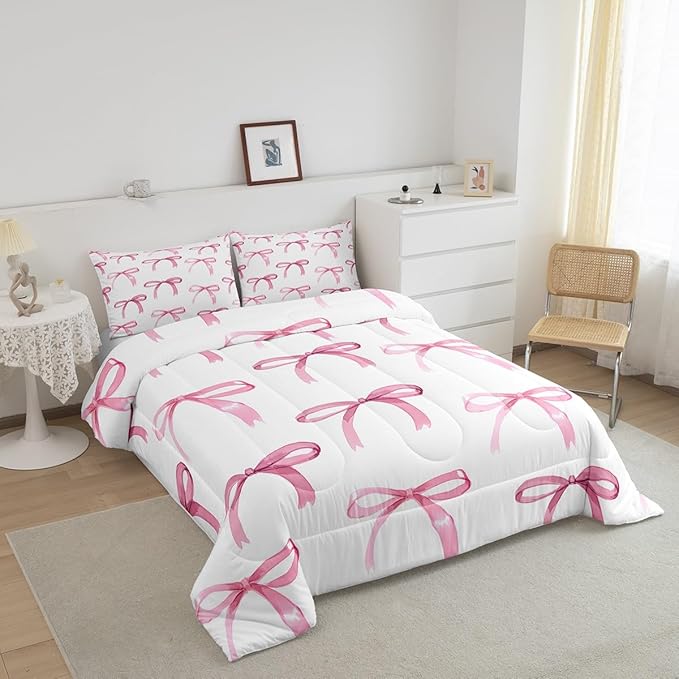 Feelyou Bow Bedding Set Boys Girls Full Size Cute Bowknot Comforter Set for Kids Women Men Ultra Soft Pink Girls Bow Comforter Kawaii Bow Duvet Set Room Decor Lovely Decor Quilt Set