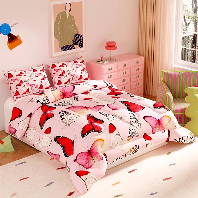 Pink Butterfly Comforter Set, 3D Pattern for Kids Teens Adults,Decorative Bedding Comforter Sets with 2 Pillow Shams, Twin Size