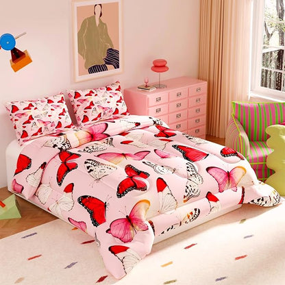Pink Butterfly Comforter Set, 3D Pattern for Kids Teens Adults,Decorative Bedding Comforter Sets with 2 Pillow Shams, Twin Size