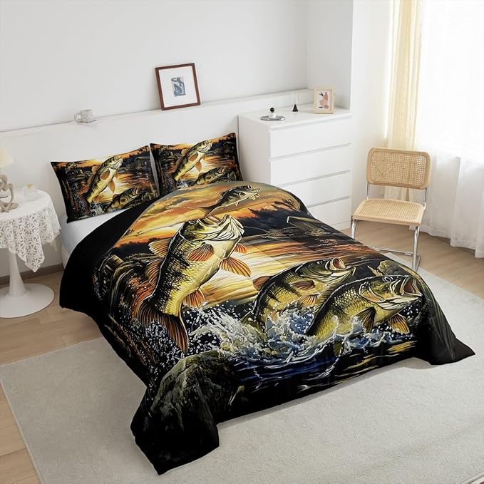 Erosebridal Big Pike Fish King Bedding Set,Bass Fishing Theme Comforter Set for Kids Boys Men,Vintage Lake House Comforter,Rustic Cabin Lodge Bedroom Room Decor,2 Pillowcases Lightweight