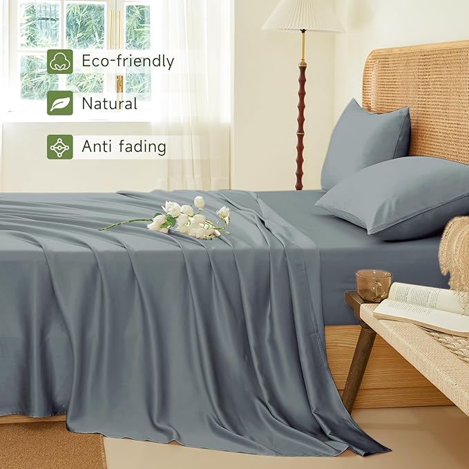 THXSILK Luxury Mulberry Silk Bed Sheets Set - 3pcs Silk Sheets Set 16" Deep Pocket - 1 Fitted Sheet, 1 Flat Sheet, 1 Pillowcase with Zipper Closure - Twin-XL, Stone Blue