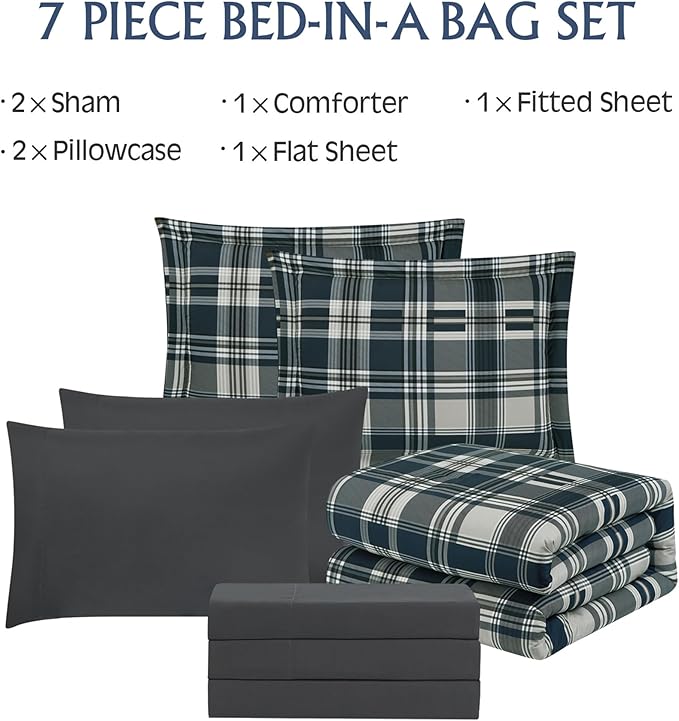 MaiRêve Full Size Comforter Set Navy Blue, Plaid Design Comforter Set 7 Pieces, All Season Comfortable Bedding Sets Full, Lightweight, Soft and Warm (Navy Blue, Full)