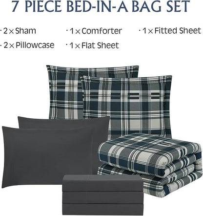 MaiRêve Full Size Comforter Set Navy Blue, Plaid Design Comforter Set 7 Pieces, All Season Comfortable Bedding Sets Full, Lightweight, Soft and Warm (Navy Blue, Full)