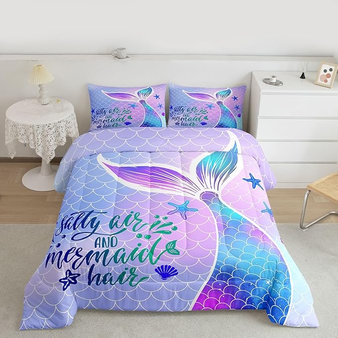 Mermaid Tail Comforter Set Kids Girls Fish Scales Cute Bedding Set Twin,Girly Shell Starfish Duvet Insert Ocean Life Sea Animal Duvet Stuffing Pastel PInk Teal Blue Purple Kawaii Room Decor