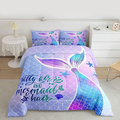 Mermaid Tail Comforter Set Kids Girls Fish Scales Cute Bedding Set Twin,Girly Shell Starfish Duvet Insert Ocean Life Sea Animal Duvet Stuffing Pastel PInk Teal Blue Purple Kawaii Room Decor