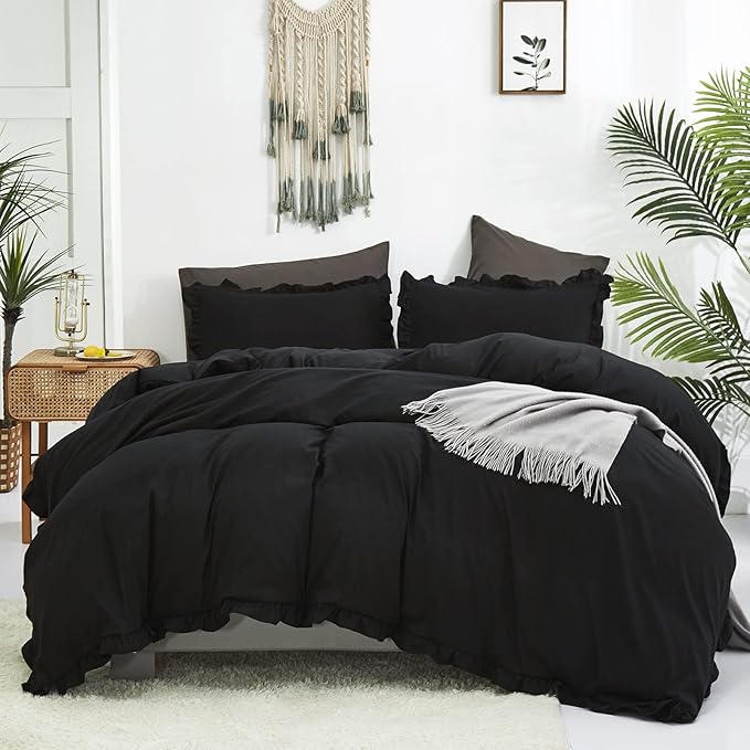 Luxlovery Black Ruffle Comforter Set King Pure Farmhouse Bedding Shabby Boho Taupe Blanket Quilts Vintage Chic All Dark Color for Bed Women Men, Black,