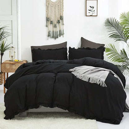 Luxlovery Black Ruffle Comforter Set King Pure Farmhouse Bedding Shabby Boho Taupe Blanket Quilts Vintage Chic All Dark Color for Bed Women Men, Black,