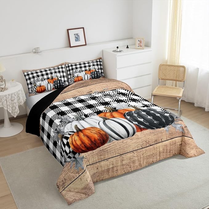 Fall Pumpkins Comforter Set Twin Rustic Farmhouse Thanksgiving Theme Bedding Set Black White Buffalo Plaid Bedding Comforter Sets Happy Autumn Fall Quilt Duvet Wooden Board Home Room Decor 2 Pcs