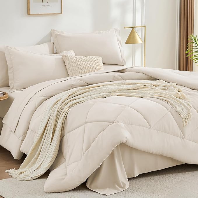 FUANNA 5 Pieces Twin XL Comforter Set, All Season Bed in a Bag Twin XL Size, Luxury Soft Bedding Sets with Comforter, Flat Sheet, Fitted Sheet, Pillowcase & Pillow Sham, Beige