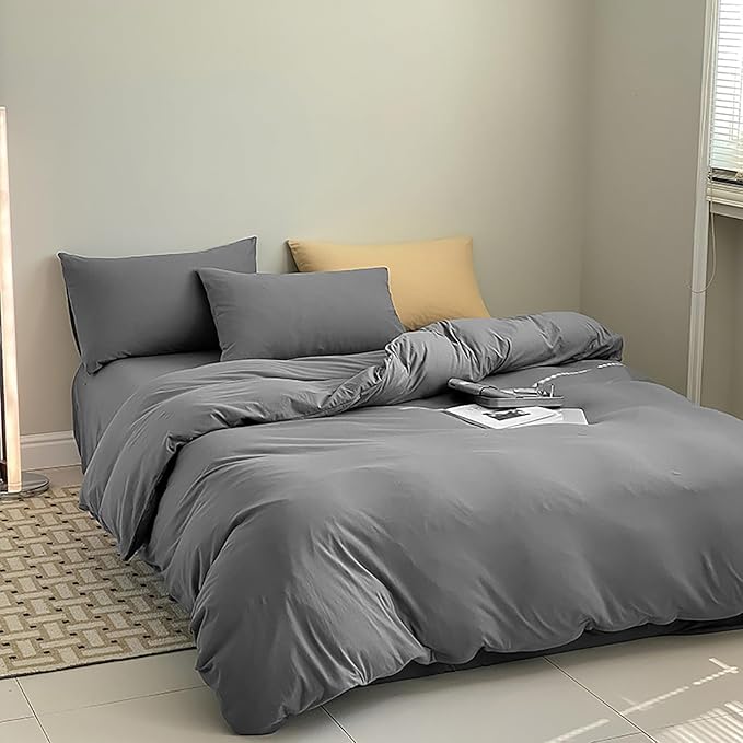 Cottonight Grey Comforter Sets Full Size Dark Grey Bedding Comforter Set Full Charcoal Gray Quilts Blanket Modern Solid 3PCS Smoke Gray Bedding Comforter Set for Men Boys Adults Full Bed