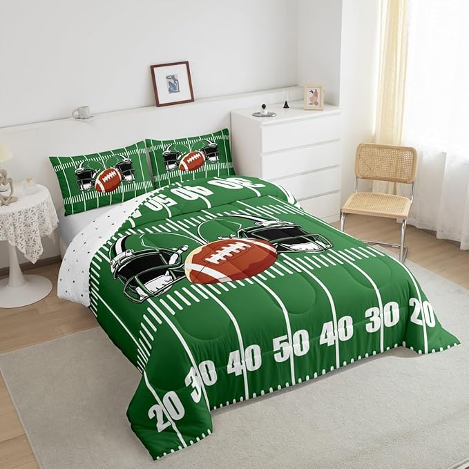 Feelyou Rugby Comforter Set King Size Soccer Ball Game Comforter for Boys Girls Teens Football Bedding Set Gift for Football Lover Duvet Set Grass Green Quilt Set
