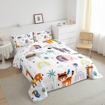 Feelyou Kids Zoo Animal Comforter Toddler for Kids Boys Girls Cute Boho Animals Bedding Set Cartoon Elephant Comforter Set Wild Animals Duvet Set with 1 Pillow Case