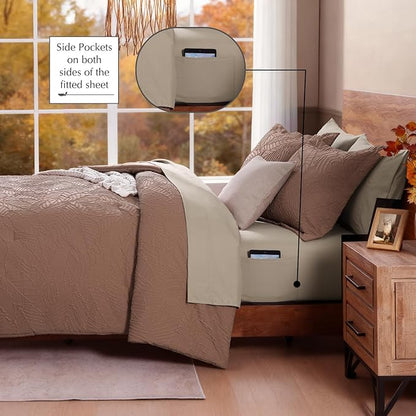 Geniospin Queen Comforter Set - 7 Pieces Brown Textured Queen Bedding Sets with Comforter, Sheets, Pillowcases & Shams，All Season Brown Bedding