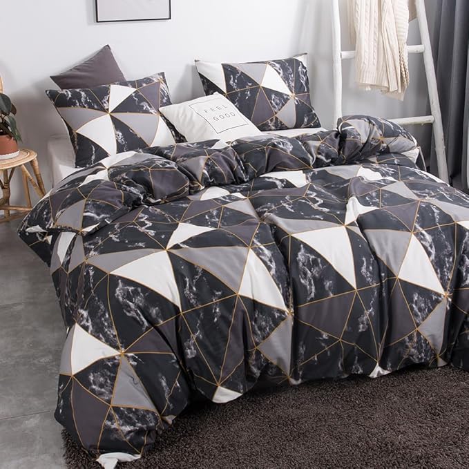 CLOTHKNOW Black White Marble Comforter Set King Size Triangle Plaid Bedding Comforter Set All Season Geometric Comforter