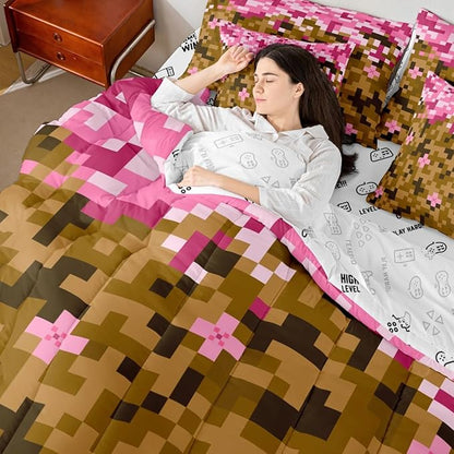 Castle Fairy Miner Theme Games 7 Piece Bedding Set Queen Size,Pixel Pink Brown Comforter & Sheet Sets Building Gamers Bed in a Bag Block Patchwork Flat & Fitted Sheets,4 Pillow Covers