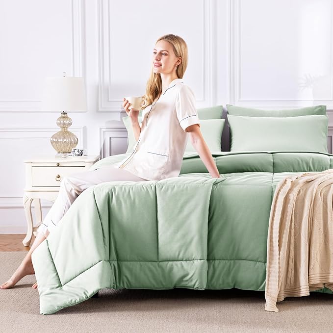 CozyLux Full Size Comforter Sets Sage Green, 7 Pieces Bed in a Bag, Green Comforter Full Size, All Season Bedding Sets with Stitch Quilted Comforter, Flat Sheet, Fitted Sheet, Pillowcases