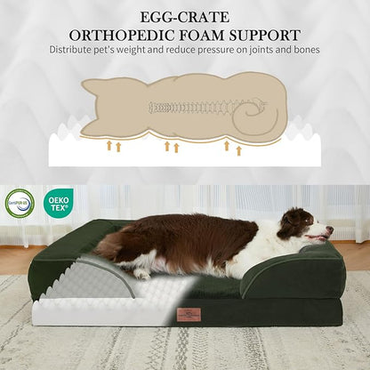 Comfort Expression Orthopedic Dog Bed for Large Dogs 36x27 Inch, Waterproof Egg Crate Foam Large Pet Bed with Removable Bolsters, Dog Couch with Washable Cover & Non-Slip Bottom, Olive Green