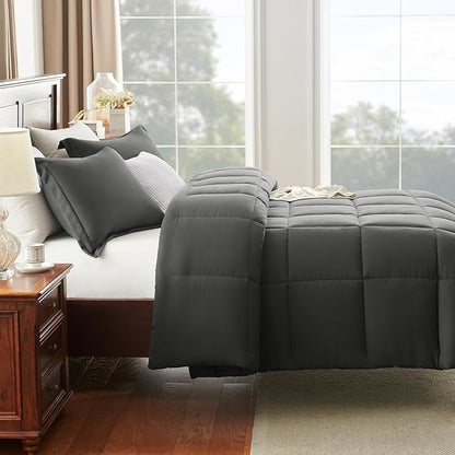 CozyLux King Size Comforter Set - Dark Grey Comforter King Size, 3 Pieces Box Stitched Bed Set for All Seasons, Soft Lightweight Bedding Sets with 1 Down Alternative Comforter and 2 Pillow Shams