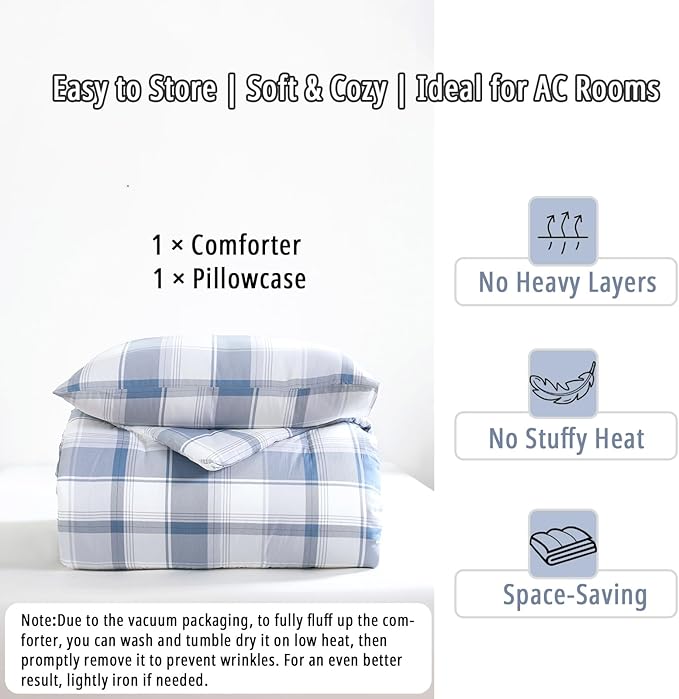Vintage Cotton Comforter Twin Size 2Pcs - Classic Tartan Plaid Pattern with Denim Blue, Soft Gray and White, Lightweight Bedding Sets with Soft Fill(1 Comfoter, 1 Pillowcase)