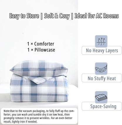 Vintage Cotton Comforter Twin Size 2Pcs - Classic Tartan Plaid Pattern with Denim Blue, Soft Gray and White, Lightweight Bedding Sets with Soft Fill(1 Comfoter, 1 Pillowcase)