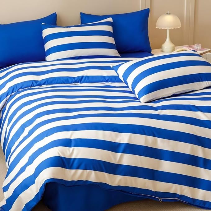 CLOTHKNOW Blue White Queen Comforter Set 3Pcs Striped Farmhouse Bedding Comforter Sets Boho Comforter Queen Farmhouse Comforter with 2 x Pillow Cases