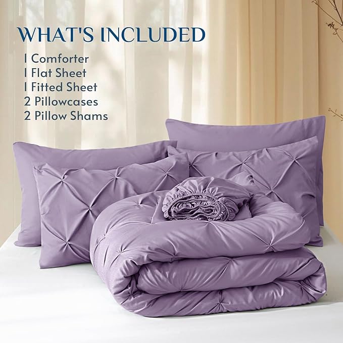 JOLLYVOGUE King Size Comforter Set 7 Pieces - Bed in a Bag King for All Season, Pintuck Bedding Comforter Sets with Comforter, Flat Sheet, Fitted Sheet and Pillowcases & Shams, Purple