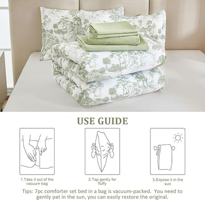 DJY Sage Green Comforter Set King, 7 Pieces Bed in a Bag King Size Botanical Comforters with Sheets Elegant Plants Print Soft Microfiber Reversible Complete Bedding Sets for All Season
