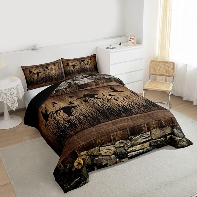 Erosebridal Mallard Duck Hunting Twin Size Comforter Set Farmhouse Lodge Bedding Set Rustic Cabin Bedding Comforter Sets,Brown Country Wooden Stone Quilt 2 Pcs