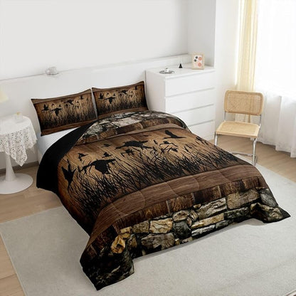 Erosebridal Mallard Duck Hunting Toddler Size Comforter Set Farmhouse Lodge Bedding Set Rustic Cabin Bedding Comforter Sets,Brown Country Wooden Stone Quilt 2 Pcs
