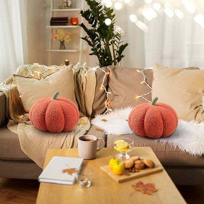 Queekay 2 Pcs Pumpkin Pillow Plush 11 x 9.5 Inch Thanksgiving Stuffed Pumpkin Decor for Fall Home Bedroom Throw Pillow Cushion Gifts for Holiday Operation Christmas Halloween Car Sofa(Orange)