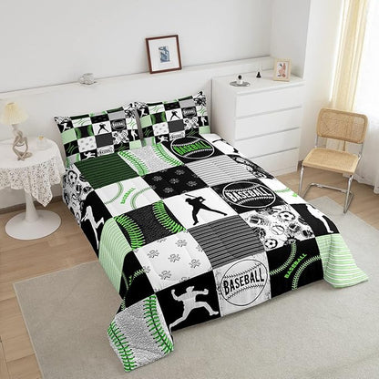 Erosebridal Baseball Bedding Set King for Kids Boys Teens,Softball Comforter Set,Sports Game Soccer Volleyball Quilted Youth,Geometric Patchwork Down with 2 Pillowcases Bedroom Decor