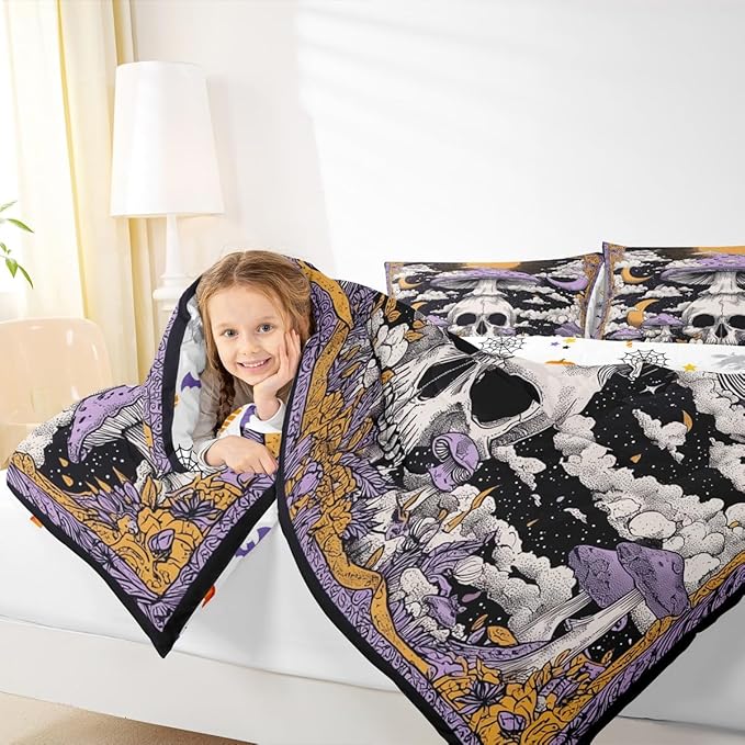 Erosebridal Boys Gothic Halloween Comforter Set Toddler, Horror Skull Bedding Set Spooky Halloween Decor Comforter for Kids Teens Adults Gothic Bedroom Decor, Moon and Stars Mushroom Quilt 2 Piece
