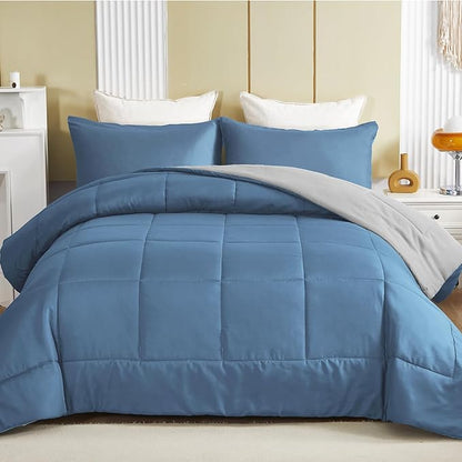 Exclusivo Mezcla Lightweight Reversible King Size Comforter Set, Down Alternative Comforter with 2 Pillow Sham, King Size Bedding Set for All Seasons, Bluish Grey