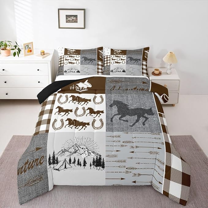 Erosebridal Horse King Comforter Set, Western Horseshoe Quilt Southwest Cowboys Cowgirls Bedding Set for Kids Boys Teens Adult Bedroom, Rustic Farmhouse Patchwork Adventure Bedding Comforter Sets