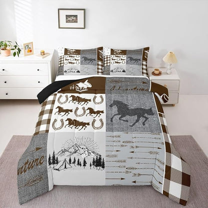 Erosebridal Horse Full Comforter Set, Western Horseshoe Quilt Southwest Cowboys Cowgirls Bedding Set for Kids Boys Teens Adult Bedroom, Rustic Farmhouse Patchwork Adventure Bedding Comforter Sets