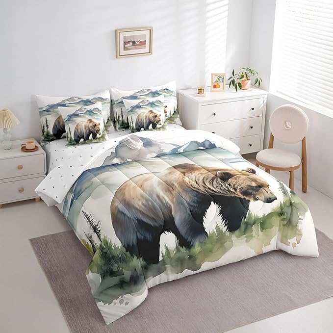 Erosebridal Rustic Bear King Bedding Set, Wild Woodland Animal Bed in A Bag,Bear Hunting Comforter Sets with Sheets, Watercolor Animal Theme 7 Pieces Bed Set Bedroom Decor