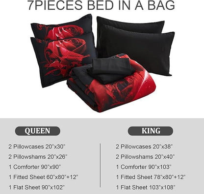Red Comforter Set Queen 7 Piece Bed in a Bag Red Rose Flower Comforter with Sheet Set Soft Micorfiber Reversible Bedding Set (1 Comforter,2 Pillow Shams,1 Flat Sheet,1 Fitted Sheet,2 Pillowcases)
