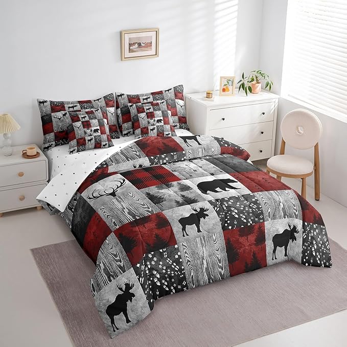 Erosebridal 7 Pcs Rustic Bear Comforter Set Twin Size,Hunting Animal Bed in a Bag with Flat Sheet and Fitted Sheet for Kids and Adults,Camping Patchwork Bedding Set with Pillowcases and Cushion Cases