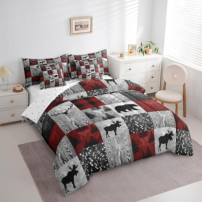 Erosebridal 7 Pcs Rustic Bear Comforter Set Twin Size,Hunting Animal Bed in a Bag with Flat Sheet and Fitted Sheet for Kids and Adults,Camping Patchwork Bedding Set with Pillowcases and Cushion Cases