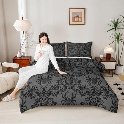 Feelyou Adults Gothic Comforter Set Full Size Dark Olive Green Damask Bedding Set for Kids Boys Girls Spider Duvet Quilt Bedroom Decor Microfiber 3 Pcs with 2 Pillow Cases
