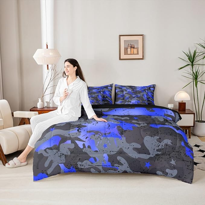 Erosebridal Stars King Comforter Set Graffiti 7-Piece Bed in A Bag Ink Splash Camouflage Watercolor Sheets and Pillowcases Grey Blue Bed Sets