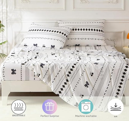 SDY 7PCS Bow Floral,Cherry Comforter and Sheet Set Twin Size，Boho Print Pattern Bedding Sets Includes 1*Comforter,1* Flat Sheet, 1*Fitted Sheet,2*Pillowcases and 2*PillowcaseShams