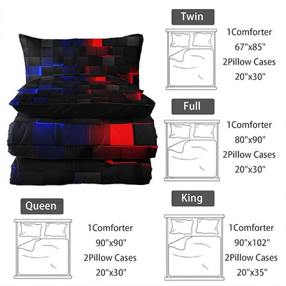 Neon Red and Blue Comforter Set King Geometric Kids Bedding Set,3 PCS Geometry Honeycomb Bed Set Modern Quilt Set 1 Comforter 2 Pillow Cases Cool Room Decor All Season B-Side Black