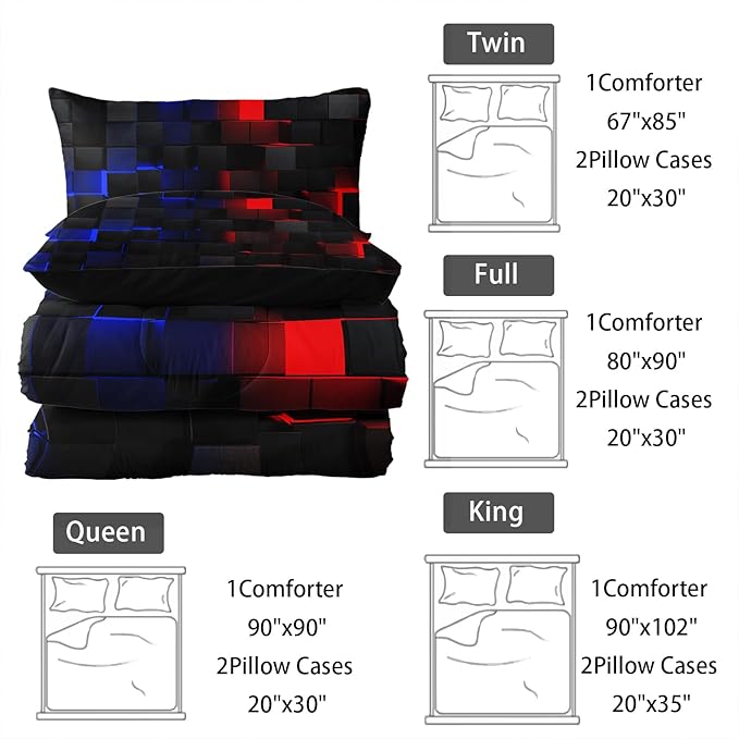 Neon Red and Blue Comforter Set Twin Geometric Kids Bedding Set,3 PCS Geometry Honeycomb Bed Set Modern Quilt Set 1 Comforter 2 Pillow Cases Cool Room Decor All Season B-Side Black