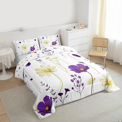 Erosebridal Watercolor Floral Comforter Set Queen Size, Purple Yellow Flower Bedding Set for Teens Adult Women Bedroom, Modern Minimalist White Down Comforter Pastoral Branches Aesthetic Quilt