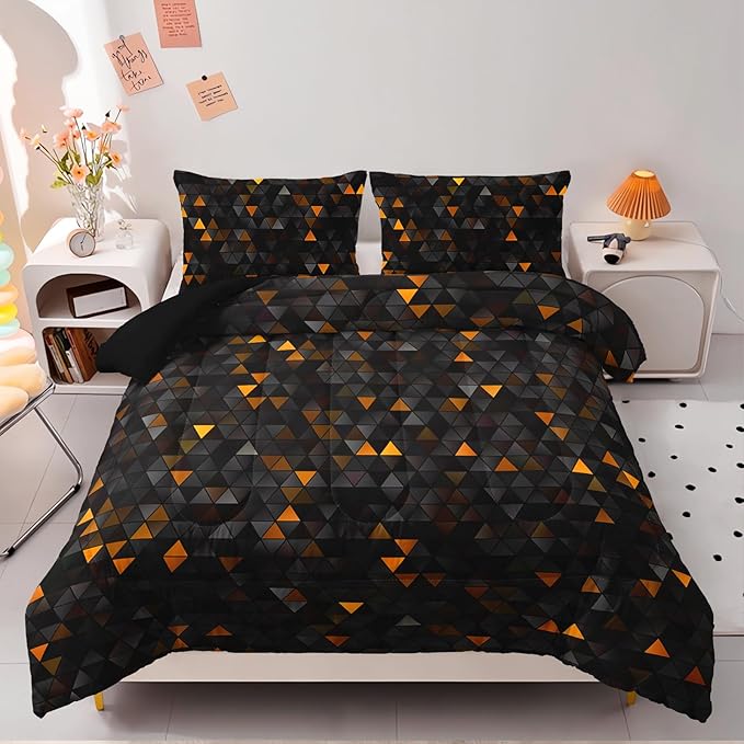 Geometric Yellow Black Comforter Set,Triangle Honeycomb 3 PCS Bedding Set Queen Size for Teen Adult,Modern Quilt Set Geometry Decor,Microfiber Lightweight 1 Comforter 2 Pillowcases