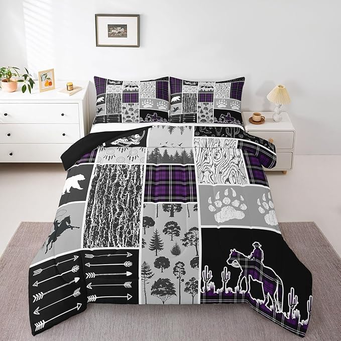 Erosebridal Western Cowboy Comforter Set Toddler,Southwest Rustic Farmhouse Bedding Western Bedroom Decor,Hunting Bear Horse Duvet Insert,Dream Catcher Arrow Wildlife Print Quilt Plaid Decor,Purple