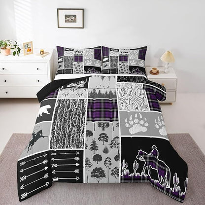 Erosebridal Western Cowboy Comforter Set King,Southwest Rustic Farmhouse Bedding Western Bedroom Decor,Hunting Bear Horse Duvet Insert,Dream Catcher Arrow Wildlife Print Quilt Plaid Decor,Purple