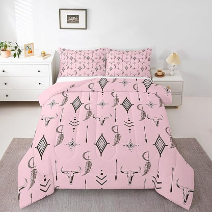 Feelyou Pink Western Bull Skull Comforter Set Ethnic Horns Boho Toddler Size Bedding Set Tribal Symbol Mysterious Aztec Comforter for Man Women