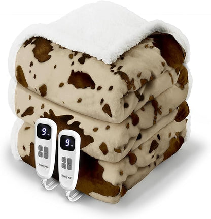 Cow Print Heated Electric Blanket King Size-Dual Control Heating Blanket King Size with 10 Heat Levels & 10 Hours Auto-Off, Cozy Soft Fleece Sherpa, Washable, 90x100 Inche Cow Print Apricot